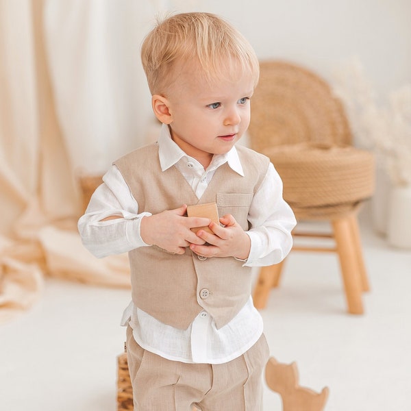 Linen button down vest for little boys, toddler grey vest with pocket, classic boho children waistcoat, baby formal wear for newborn