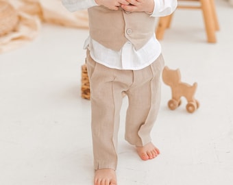 Beige linen classic pants for little boys, loose fit trousers with elastic waist, toddler chino joggers with pockets, organic baby bottoms