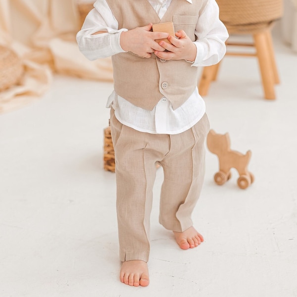 Pantalones clásicos de lino beige para niños pequeños, pantalones holgados con cintura elástica, joggers chinos para niños pequeños con bolsillos, pantalones de bebé orgánicos