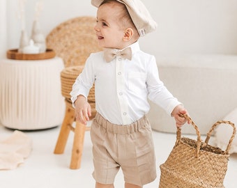 White linen suit for little boys, baby button down shirt and pants set, classic baby tuxedo, newborn formal wear, toddler top and pants