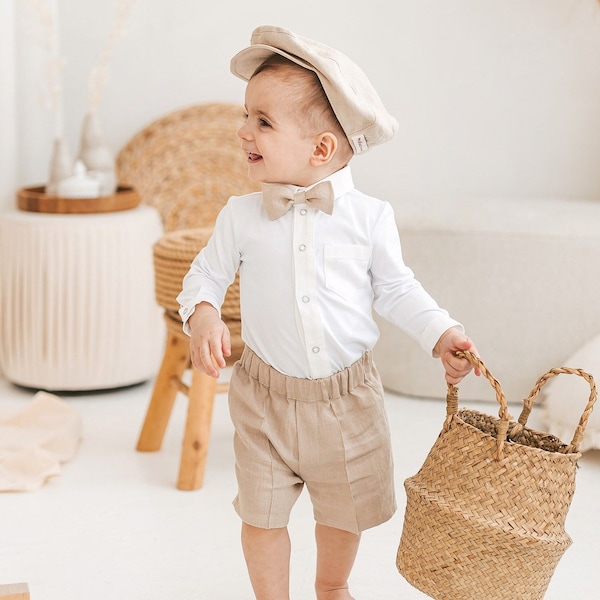 White linen suit for little boys, baby button down shirt and pants set, classic baby tuxedo, newborn formal wear, toddler top and pants