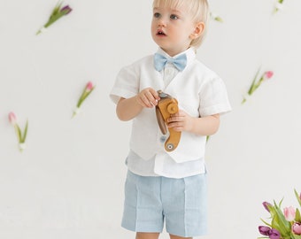 White linen suit for little boys, button down shirt with short sleeves and shorts set, newborn top and pants outfit, classy baby tuxedo