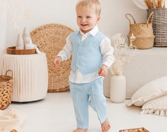 Linen suit for little boys, pastel blue button down shirt and trousers set, top and pants outfit, little boys white tuxedo, newborn gown