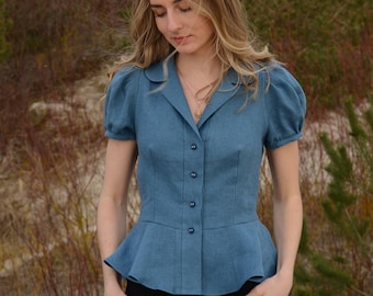 Linen peplum shirt for women, Ruffle button up with short puffy sleeves, Waisted blue blouse with collar, V front retro style ladies top