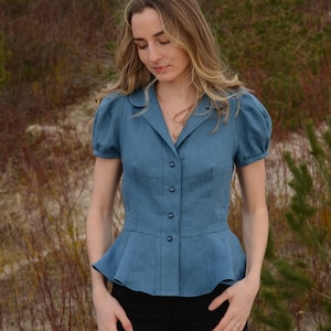 Linen peplum shirt for women, Ruffle button up with short puffy sleeves, Waisted blue blouse with collar, V front retro style ladies top