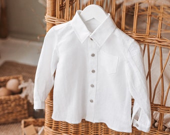 Classic white boys linen shirt with long sleeves, occasion toddler button  down suit for baby, soft formal light costume with pocket collar