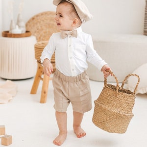 Grey linen shorts for little boys, baby slim fit chino pants, classic navy baby summer outfit, newborn formal wear, toddler infant bottoms