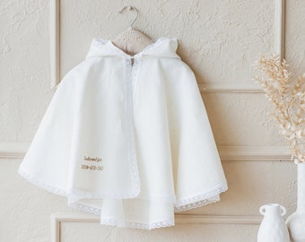 Personalized white linen cape with hood, embroidered round neck kids bolero with button closure, baby fabric mantle, coat for girls and boys