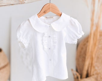 White baby girl linen shirt, natural white formal ruffled blouse with buttons, breathable flat round collar occasion short sleeve costume