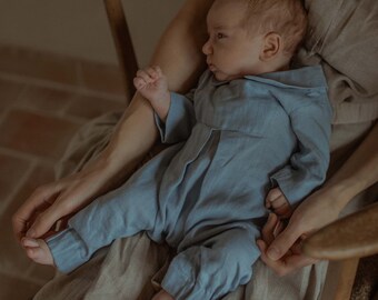 Blue linen one piece baby romper with long sleeves, newborn jumpsuit, organic soft bodysuit, overall for little boys, toddler coverall