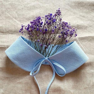 Detachable women linen frill collar, Removable bib collar with tie fastening, Blue rustic blouse accessory, Round neck retro style necklace