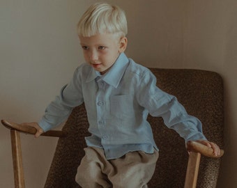 Blue linen boy dress shirt with long sleeves, organic classy toddler button down outfit, vintage school top with pocket and coated studs