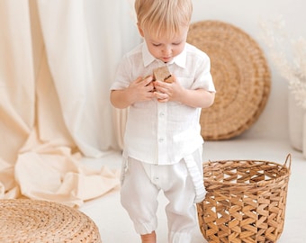 White linen baby boy suit, button down shirt and trousers set for toddlers, top and pants outfit, little boys white tuxedo, newborn gown