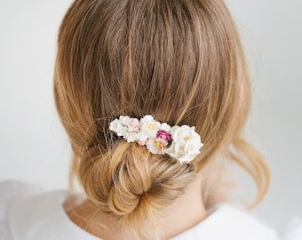 Flower hair wreath for women, Pastel headpiece with metal alligator clip, Natural hair bun accessory, Small hair comb in rose colours