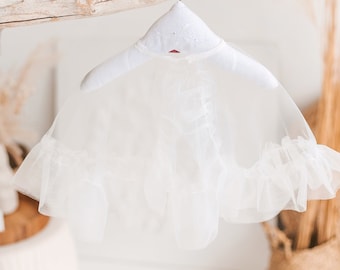 White ruffle tulle cape for kids, round neck bolero with button closure, transparent mantle, fabric coat for girls, light baby tutu cloak