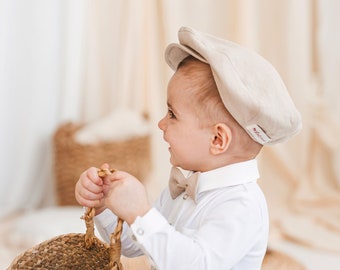 Boys newsboy hat, soft baby flat linen cap, kids tweed page boy outfit, toddler retro style beret, classic peaked cap, loose bottom bonnet