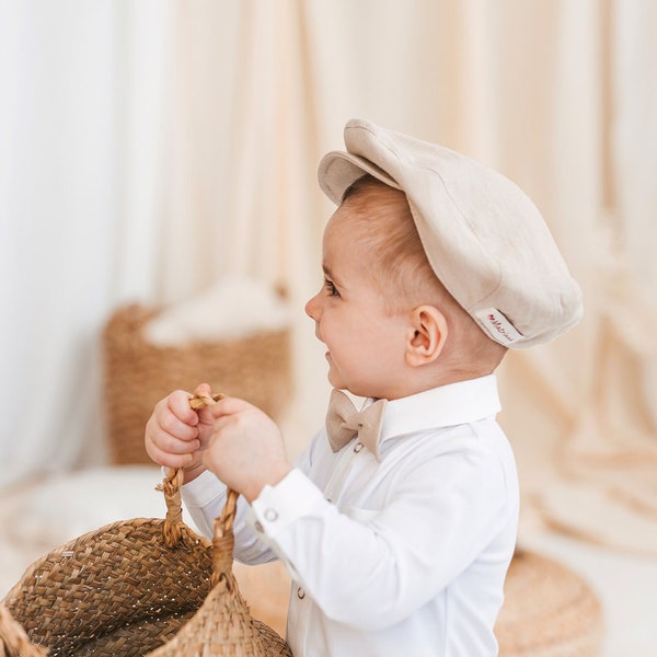 Chapeau de gavroche pour garçons, casquette en lin plat doux pour bébé, tenue de garçon de page en tweed pour enfants, béret de style rétro pour tout-petits, casquette à visière classique, bonnet à fond ample