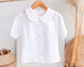 White baby shirt with short sleeves, adjustable linen blouse for girls, round collar buttoned top, natural toddler formal dress tuxedo tunic