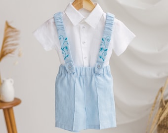 Boys blue suspender shorts and white shirt set, embroidered blue toddler pants and button down soft baby outfit, newborn dress clothing set