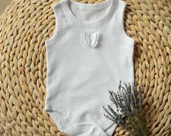 White sleeveless one piece baby romper suit, newborn cotton jersey jumpsuit, organic bodysuit with butterfly, toddler coverall for girls