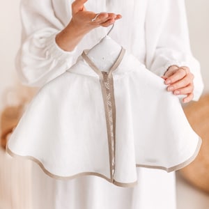 White linen cape with hood, kids fabric mantle with lace, round neck toddler bolero with button closure, coat for girls and boys, baby cloak