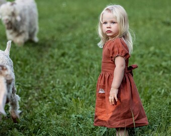 Below knee linen dress with hand embroidered hedgehog, Brown baby gown with short puffy sleeves, Minimalistic boho outfit for little girls