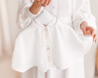 Cape blanche pour bébé avec capuche, manteau en tissu de lin pour enfants avec dentelle, manteau pour tout-petit à col rond boléro avec fermeture à boutons, manteau pour filles et garçons,