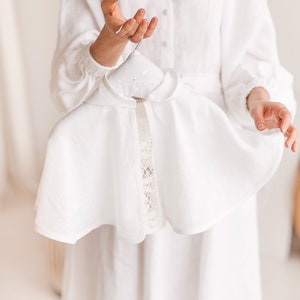 White baby cape with hood, kids linen fabric mantle with lace, round neck toddler cloak bolero with button closure, coat for girls and boys,