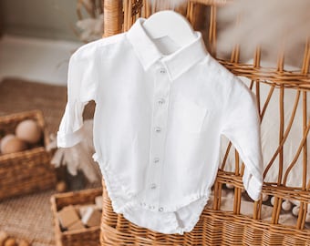 White linen baby button down bodysuit, Classic formal boy romper with long sleeves, Toddler collared oxford dress shirt with front pocket