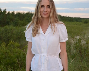 Linen shirt with collar for women, Button up blouse with short puffy sleeves, Waisted white top, V front top with heart embroidery and belt