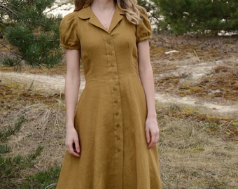 Mustard brown women's midi dress with short puffy sleeves, Button down robe with classic collar and ruffles, Below the knee length sundress