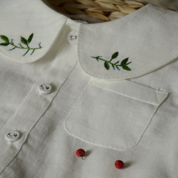 Chemise boutonnée classique avec broderie à la main, barboteuse blanche pour bébé garçon à manches longues, chemise habillée douce à col pour tout-petit avec poche avant