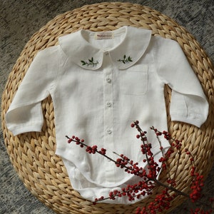 Hand embroidery collar classic infant shirt, baby boy white buttoned romper with long sleeves, formal toddler dress up top with front pocket