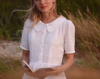 White linen women's midi dress with short sleeves, Button down robe with classic collar, Knee length sundress, Natural fabric elegant attire