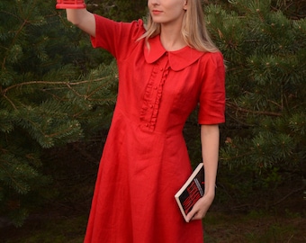 Red linen women's midi dress with short sleeves, Button down robe with classic collar and ruffles, Below the knee length sundress attire