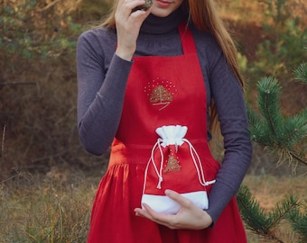 Red linen apron for women with personalised hand embroidered Christmas tree, sleeveless Japanese pinafore dress with pockets, advent outfit