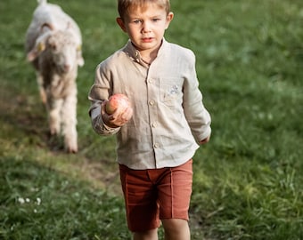 Linen shirt and shorts set for little boys, Button down top with long sleeves and hand embroidered bunny, Beige dress shirt and pants outfit