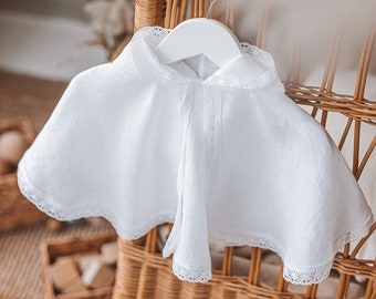 White linen cape with hood, round neck toddler bolero with button closure, kids fabric mantle with lace, coat for girls and boys, baby cloak