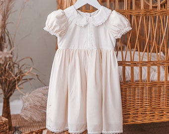 Natural silk dress for girls, Below the knee baby gown with collar, Toddler lace robe with short sleeves, Newborn minimalistic formal outfit