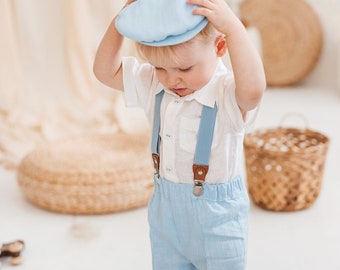 Blue linen shorts and white shirt set for little boys, baby slim fit chino pants and suspenders, adjustable classic toddler formal outfit