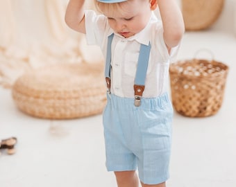 Blue linen shorts and suspenders set for little boys, adjustable metal clip elastic suspenders, classic navy newborn baby summer outfit