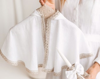 White linen baptismal cape, knitting decorated light christening cloak, soft unisex natural church mantle with hood, newborn formal outfit