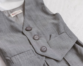 Grey ring bearer vest for boys, toddler occasion formal waistcoat with pockets, light cotton garment for newborn child, formal holiday suit