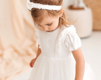 White linen tulle dress for little girls, Below knee toddler tutu gown with hand embroidery, Newborn outfit with short sleeves, Baby wear