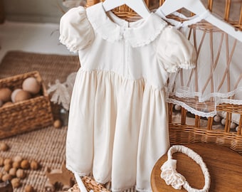 Cream girl formal church baptism set outfit, light soft silk baby dress, headband, christening candle with decoration, seethrough tulle cape