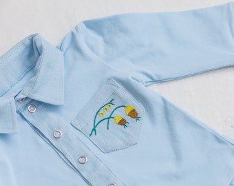 Blue soft long sleeve baby shirt with hand embroidery, collared boy top with press studs, natural easy put adjustable newborn cotton tunic