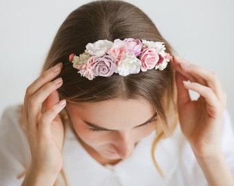 Pink rose headband with string, natural look bridal flower crown with hair hoop, whimsical wreath with artificial petals, blossom tiara