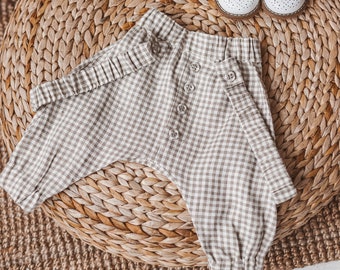 Checkered baggy pants with suspenders, Loose linen toddler trousers with elastic band, Harem style baby overalls, Oversized kids bottoms