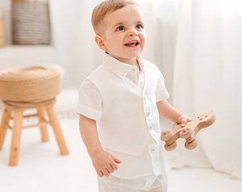 White linen baby boy suit, vest and trousers set for toddlers, button down vest and pants outfit, little boys white tuxedo, newborn gown