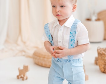 Plain white linen shirt and blue suspenders shorts with embroidery, soft organic occasion outfit for boys, adjustable matching newborn suit